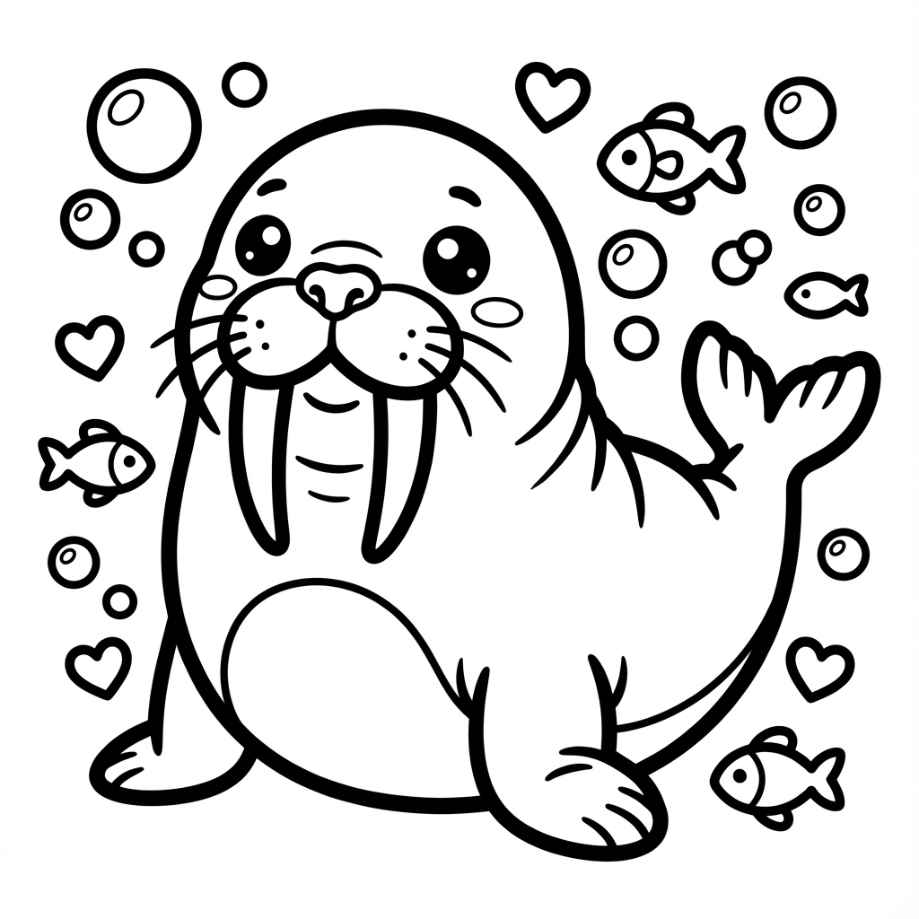 Cute walrus with tusks and hearts, designed as easy bold coloring pages with bold line coloring pages.
